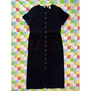 Vintage 90s Black Linen Midi Dress Short Sleeve by Eddie Bauer // Size Large